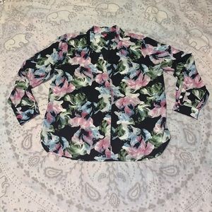 Vince Camuto Floral V Neck Black Pink Blouse Sz L
